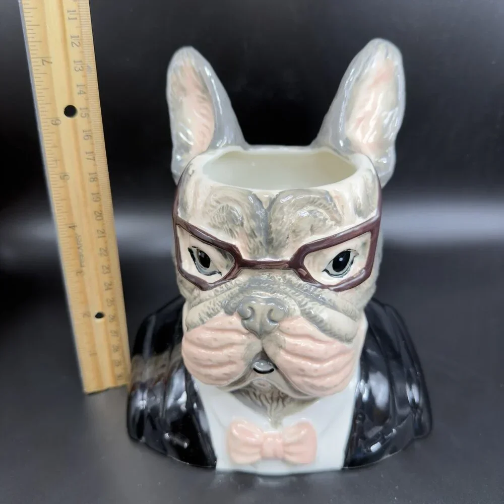 West Elm French Bulldog Planter Vase‎ Decor Dapper Animal Porcelain Figurine New